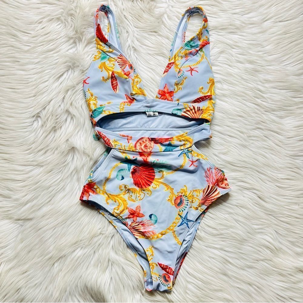 Forever 21 One Piece Cut Out Swimsuit Light Blue Size Small
